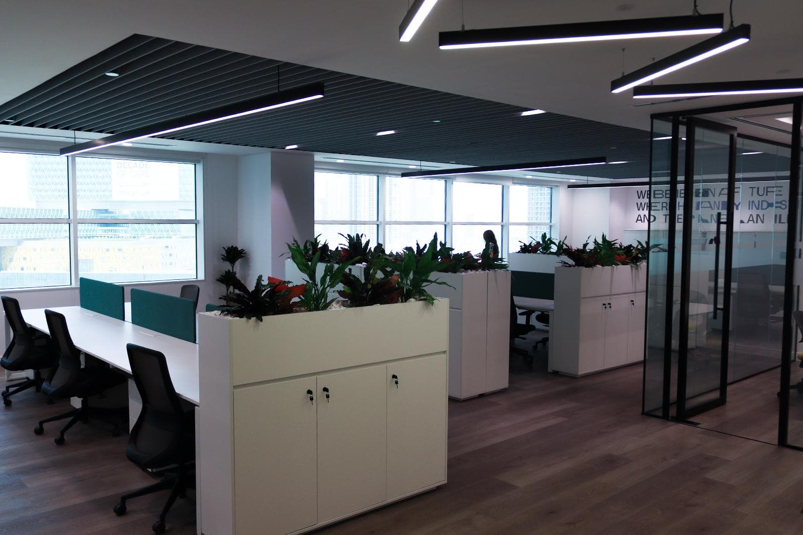 Completed open-plan workspace with linear ceiling lighting, glazed partitions and planted dividers, cabled and commissioned by Eagle in Abu Dhabi