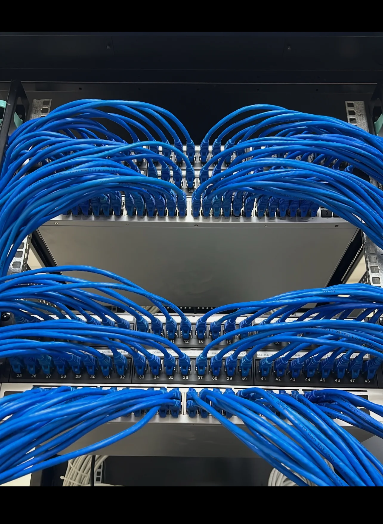 Structured network cabling at labelled patch panels