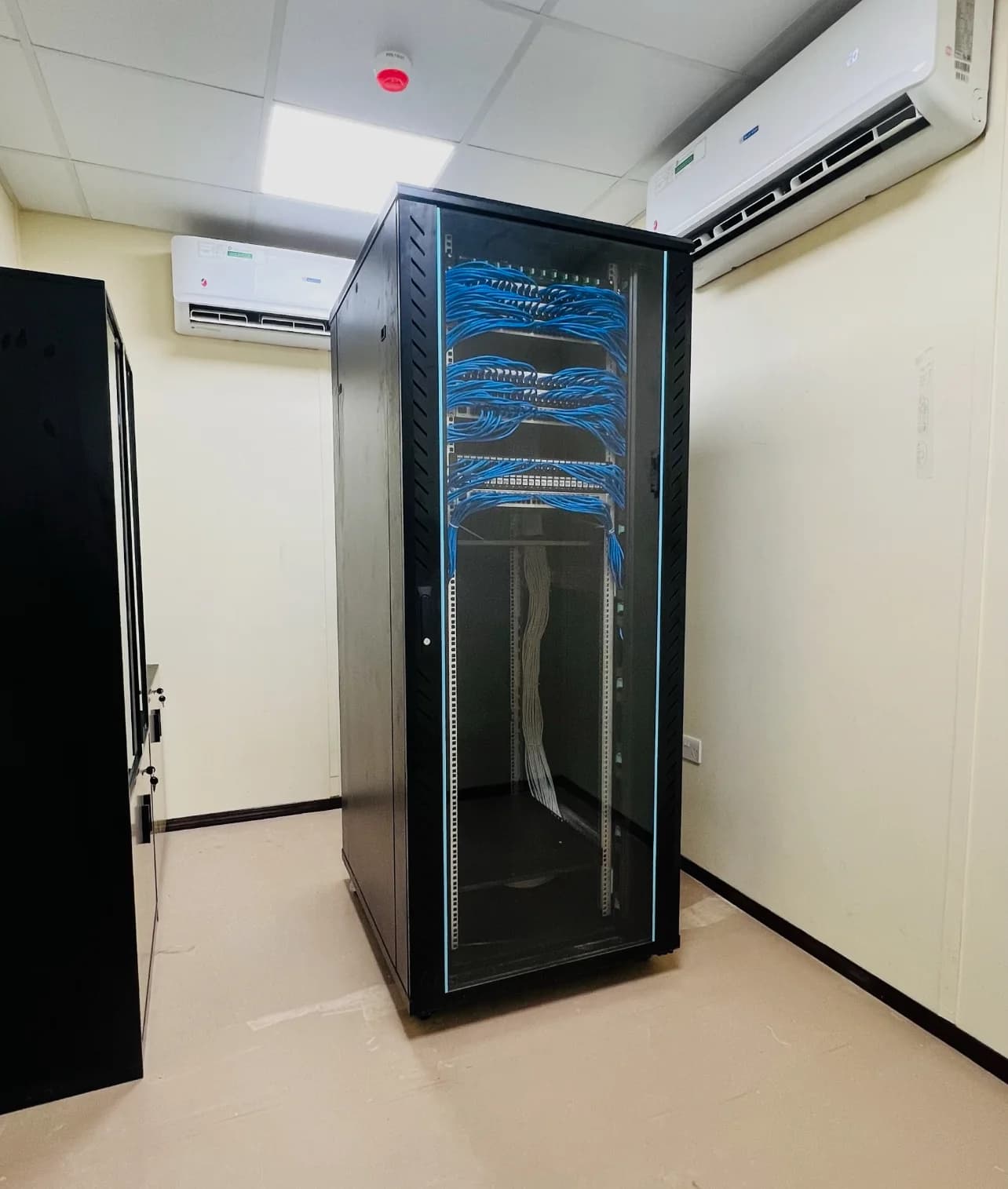 Network cabinet in a cooled equipment room